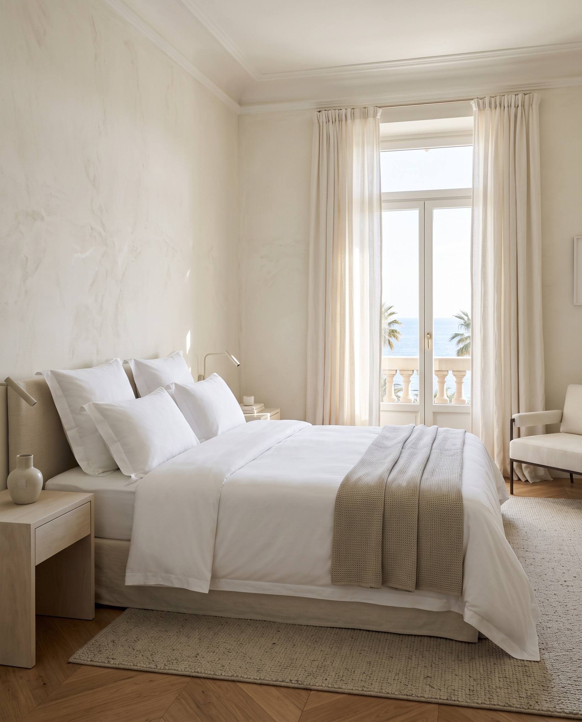 Chambre préparée au standard hôtelier, linge blanc tendu