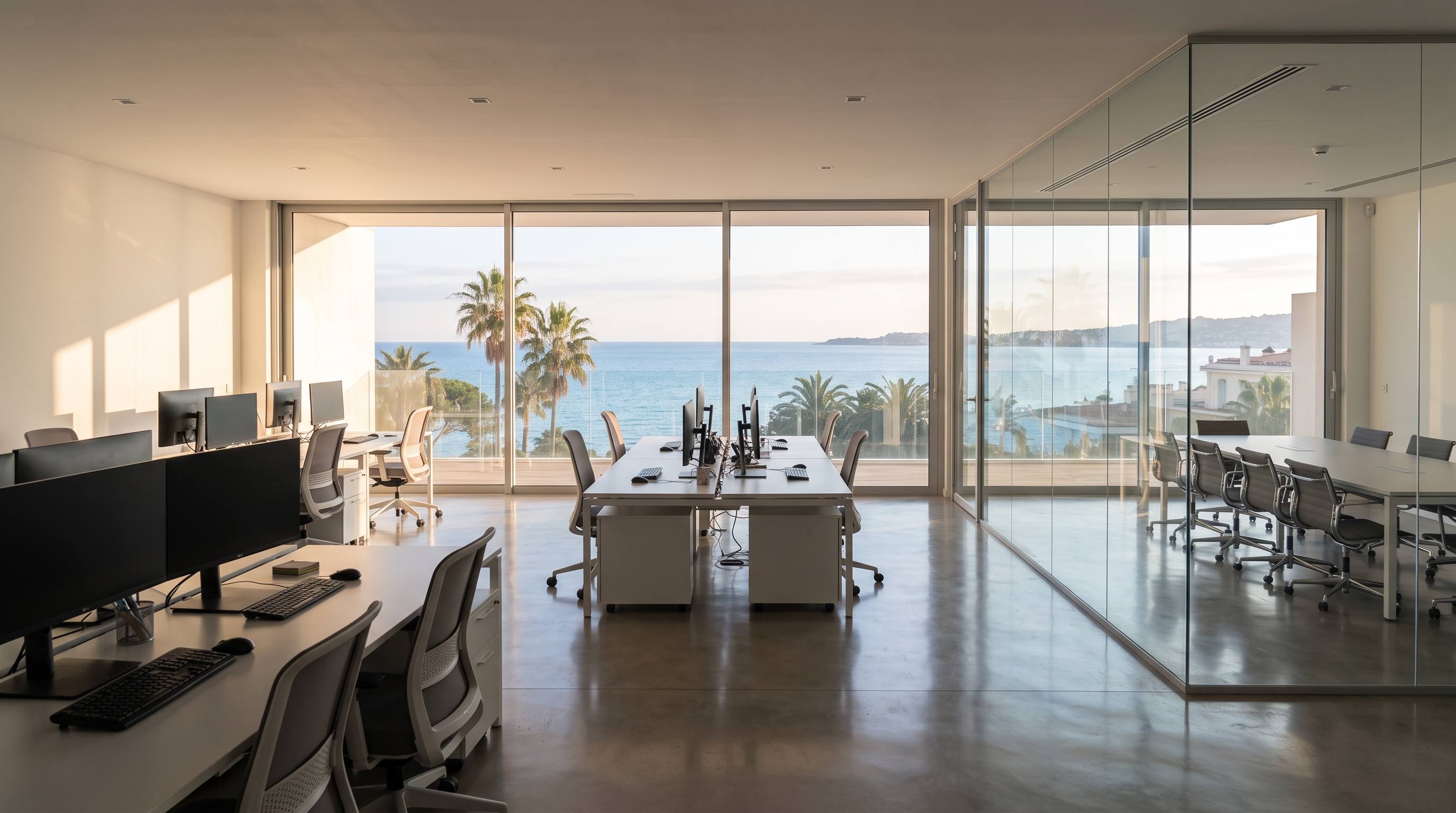 Bureaux lumineux et rangés avec vue sur la mer