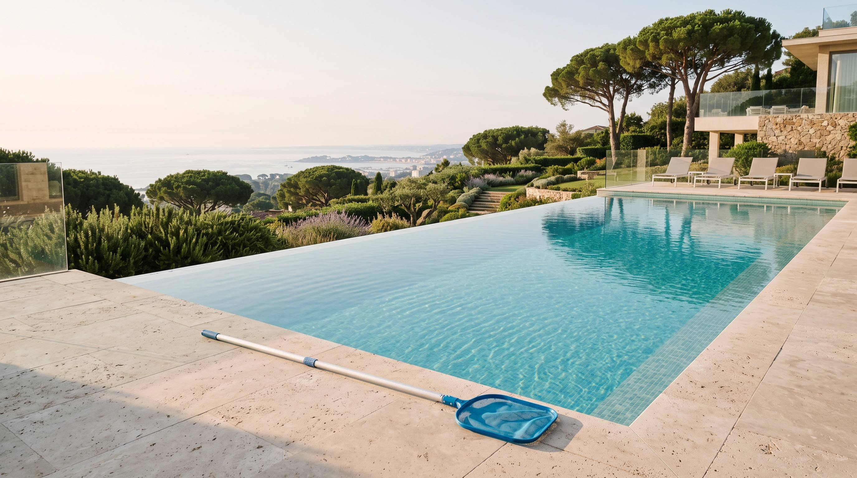 Piscine d'une villa sur les hauteurs de Cannes, épuisette posée sur le bord