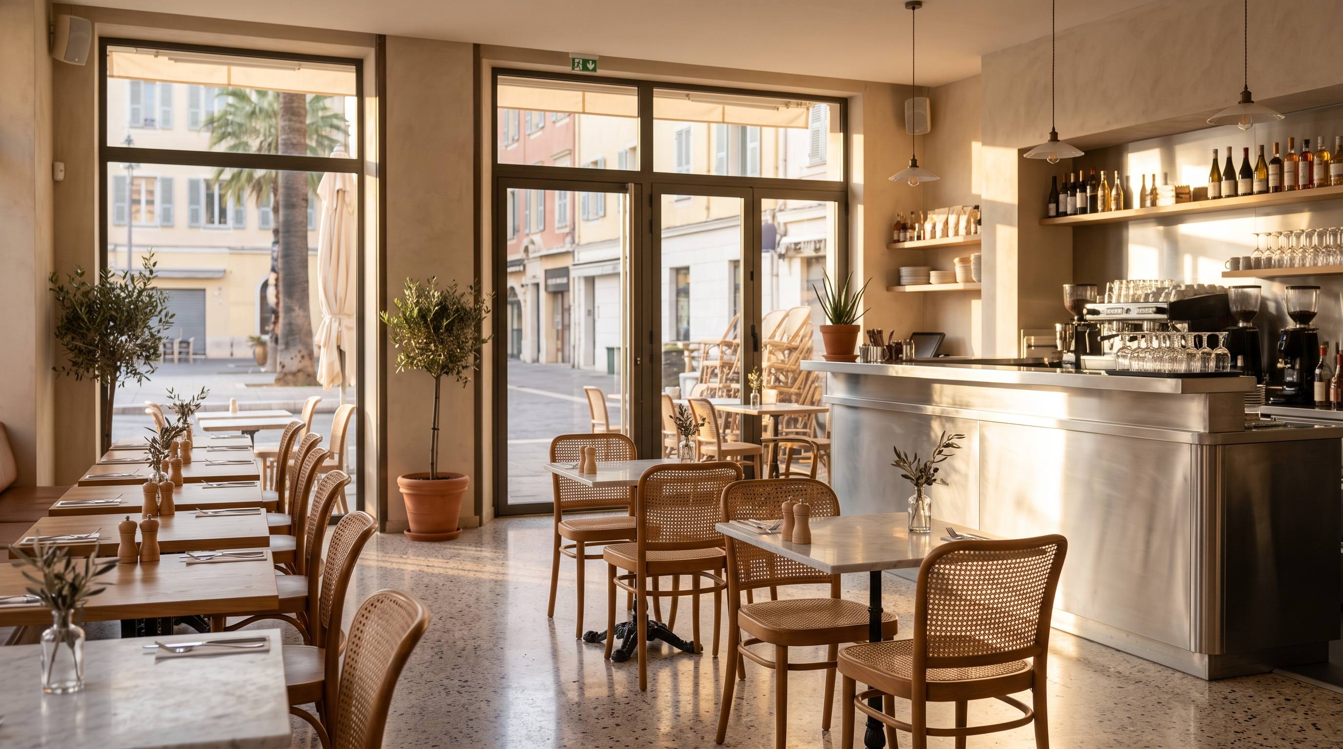 Salle de restaurant impeccable avant l'ouverture, à Nice