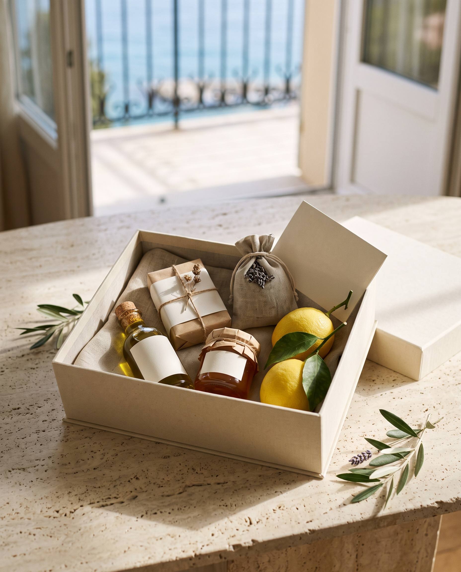 Coffret d'accueil avec savon, huile d'olive, miel et citrons